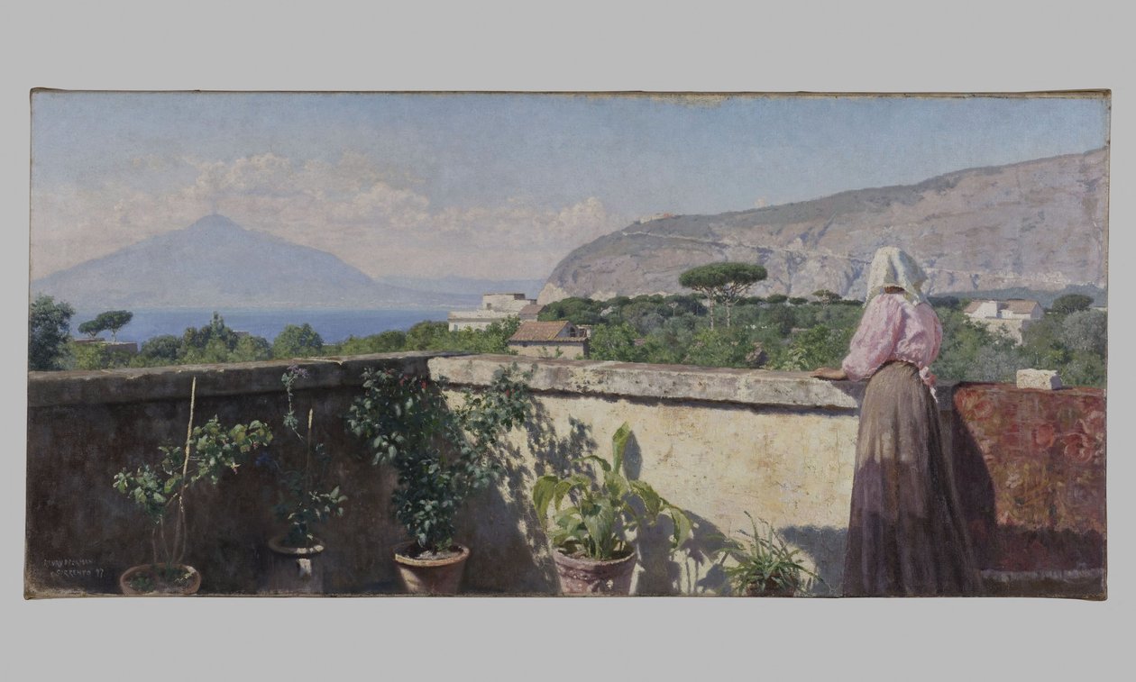 Mulher no terraço do Hotel Cocumella. Vista do Vesúvio de Henry Brokman Knudsen