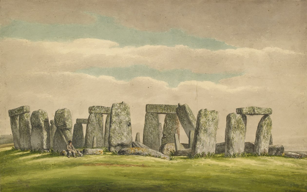 Stonehenge do N.W., mostrando ruínas com homem e cachorro, 1824-1839 de Henry Browne