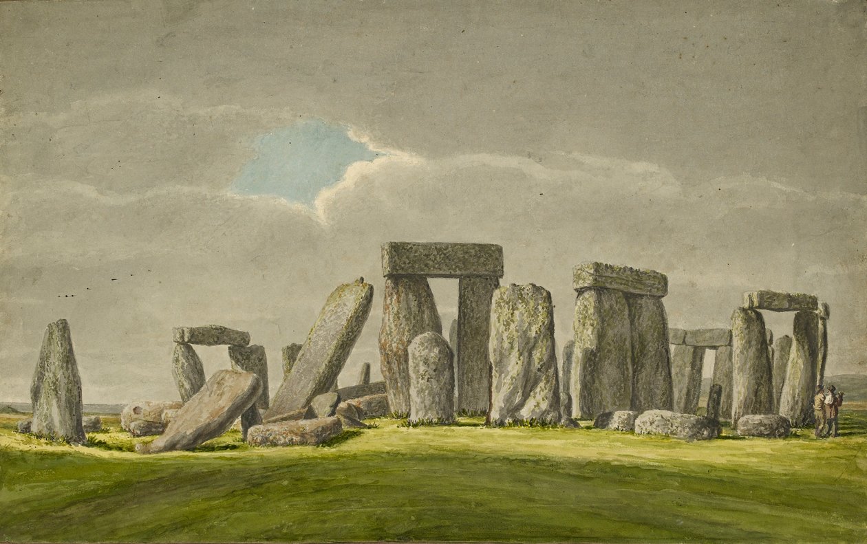 Stonehenge do S.E, mostrando pedras em estado de ruína com 2 visitantes, 1824-1839 de Henry Browne