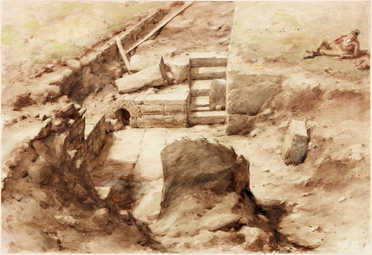 Bremenium, High Rochester em Redesdale (lápis e aquarela sobre papel (colado no cartão)) de Henry Burdon Richardson