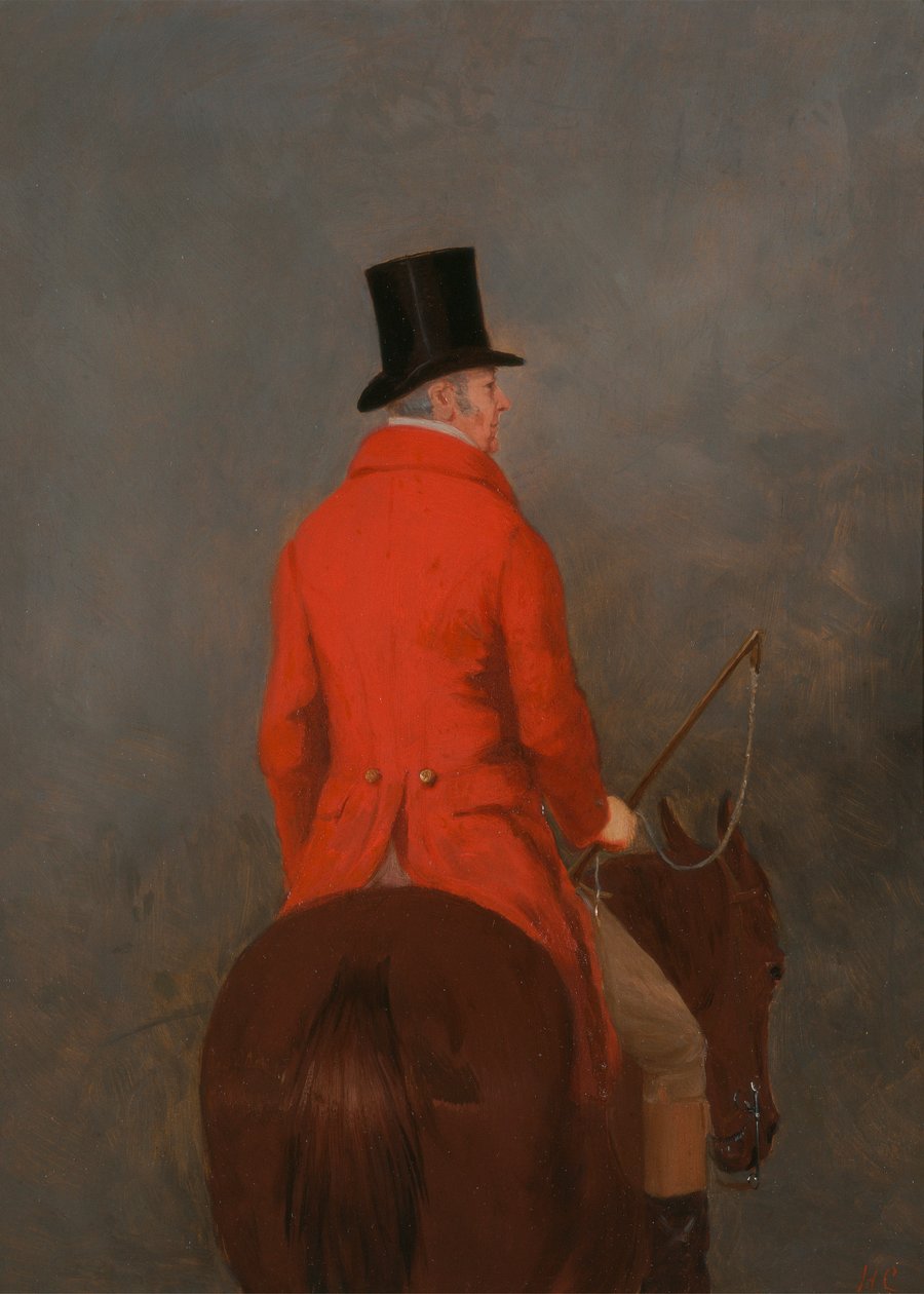 Retrato de Thomas Cholmondeley, primeiro Lord Delamere, sobre o seu caçador (estudo para "The Cheshire Hunt at Tatton Park") de Henry Calvert