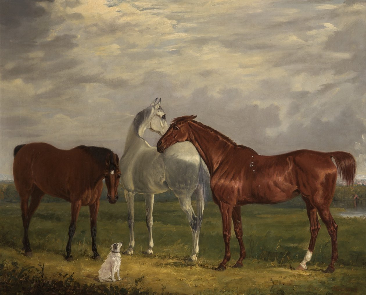 Três cavalos do 2º Lord de Tabley e seu cão, Vic, 1838 de Henry Calvert