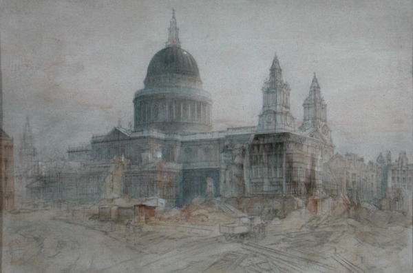Catedral de São Paulo após a Guerra, c.1947 (aguarela e lápis sobre papel) de Henry Charles Brewer