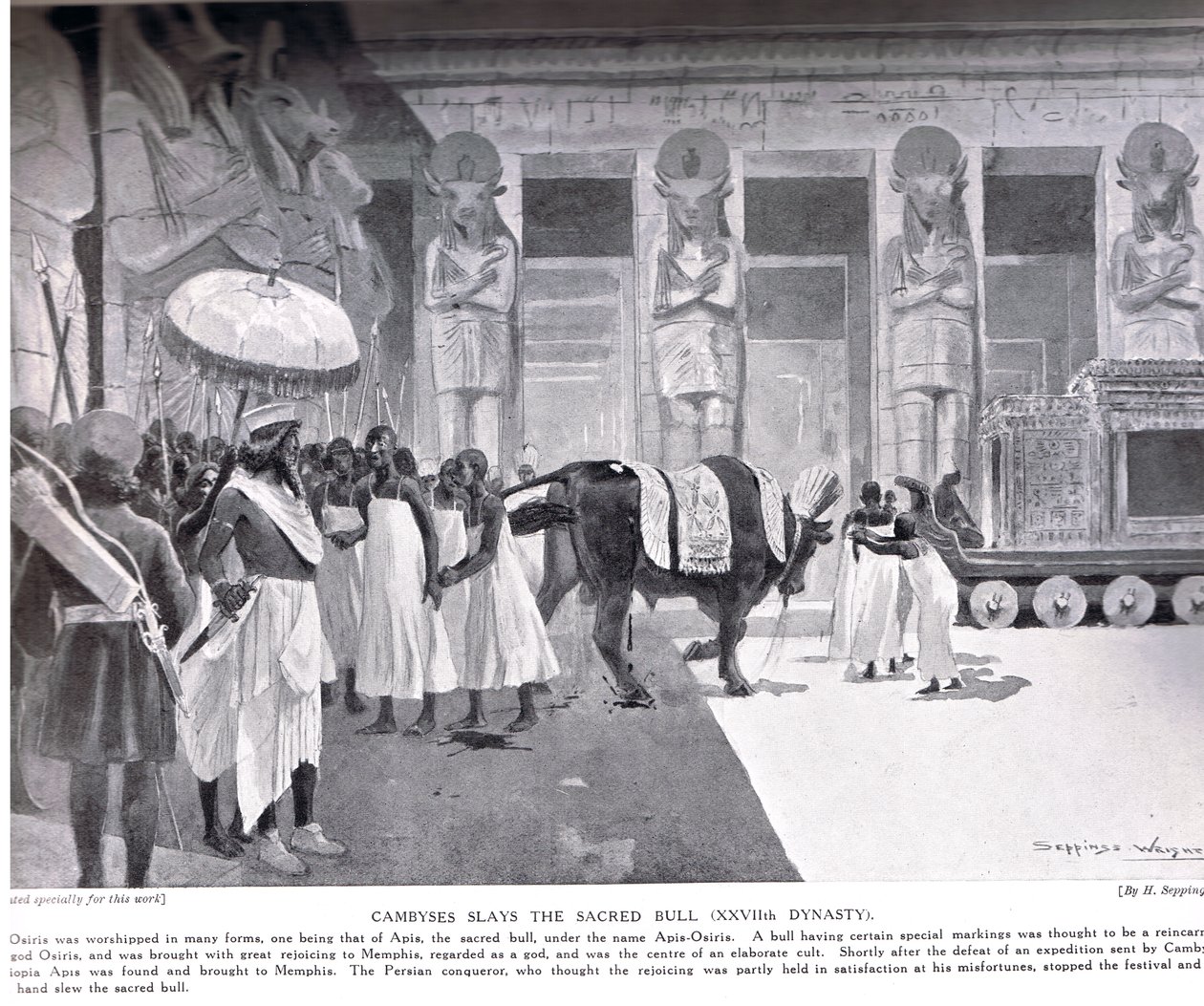 Cambyses mata a bula sagrada, ilustração de "Hutchinsons História das Nações", c.1910 de Henry Charles Seppings Wright