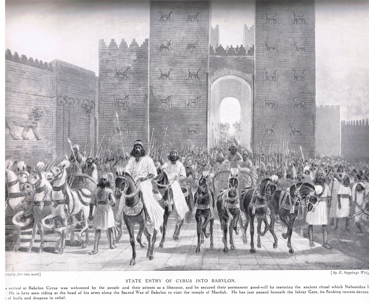 Entrada de Ciro na Babilônia, ilustração da "História das Nações de Hutchinson" de Henry Charles Seppings Wright