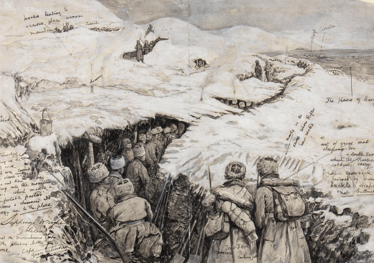 Galiza, tropas russas em colinas cobertas de neve, 13 de março de 1916 (tinta e guache sobre papel) de Henry Charles Seppings Wright