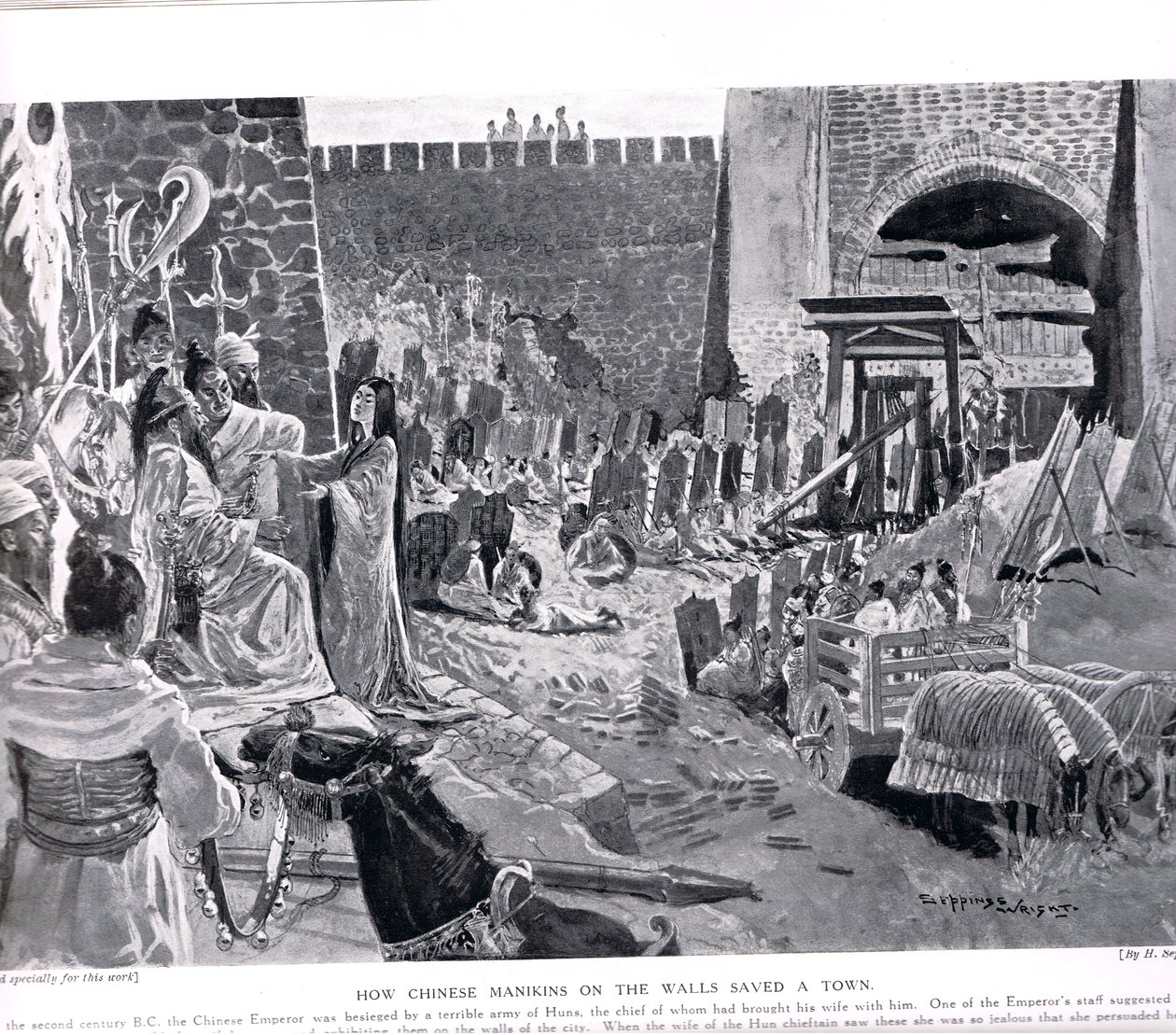 Como os Maninkins Chineses em uma parede salvam uma cidade, ilustração de &39;Hutchinsons History of the Nations&39;, c.1920 de Henry Charles Seppings Wright