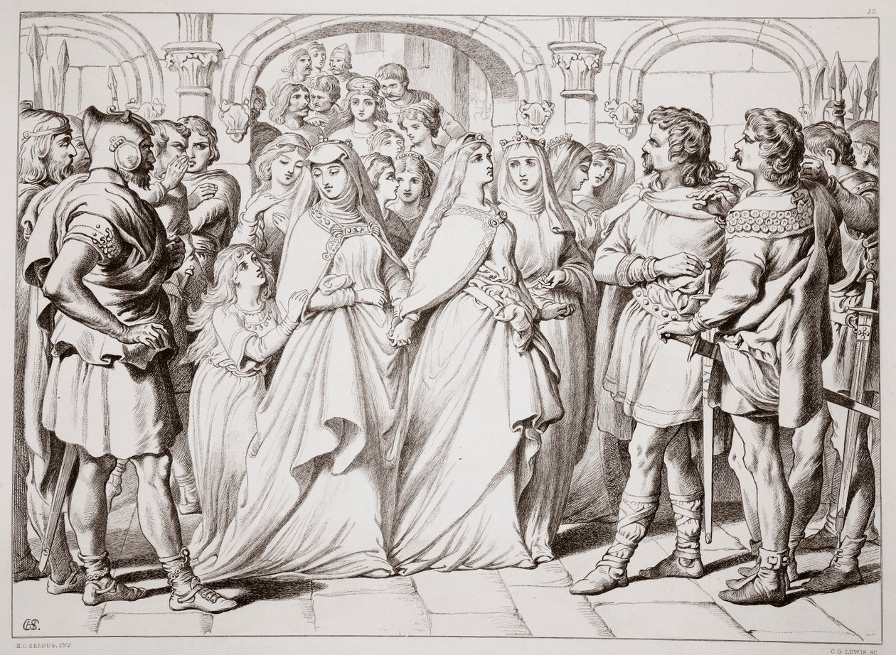 Alftruda reconhece Hereward, ilustração de Hereward the Great, de Charles Kingsley, pub. 1870, gravado por CG Lewis (gravura em chapa de aço) de Henry Courtney Selous