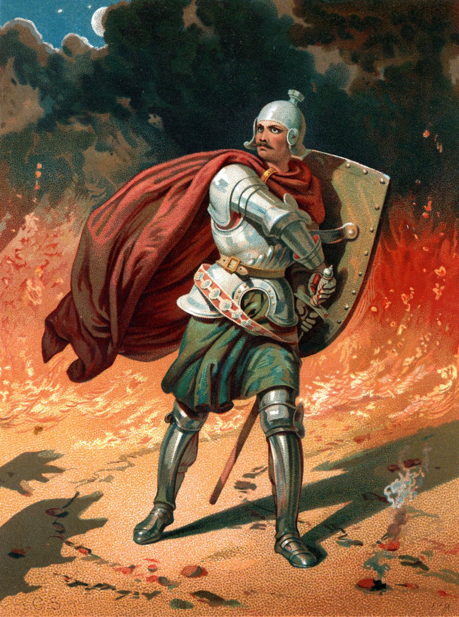 "Cristão, o peregrino do título, em combate com Apollyon, o Destruidor, o Anjo do Poço Sem Fundo" de Henry Courtney Selous