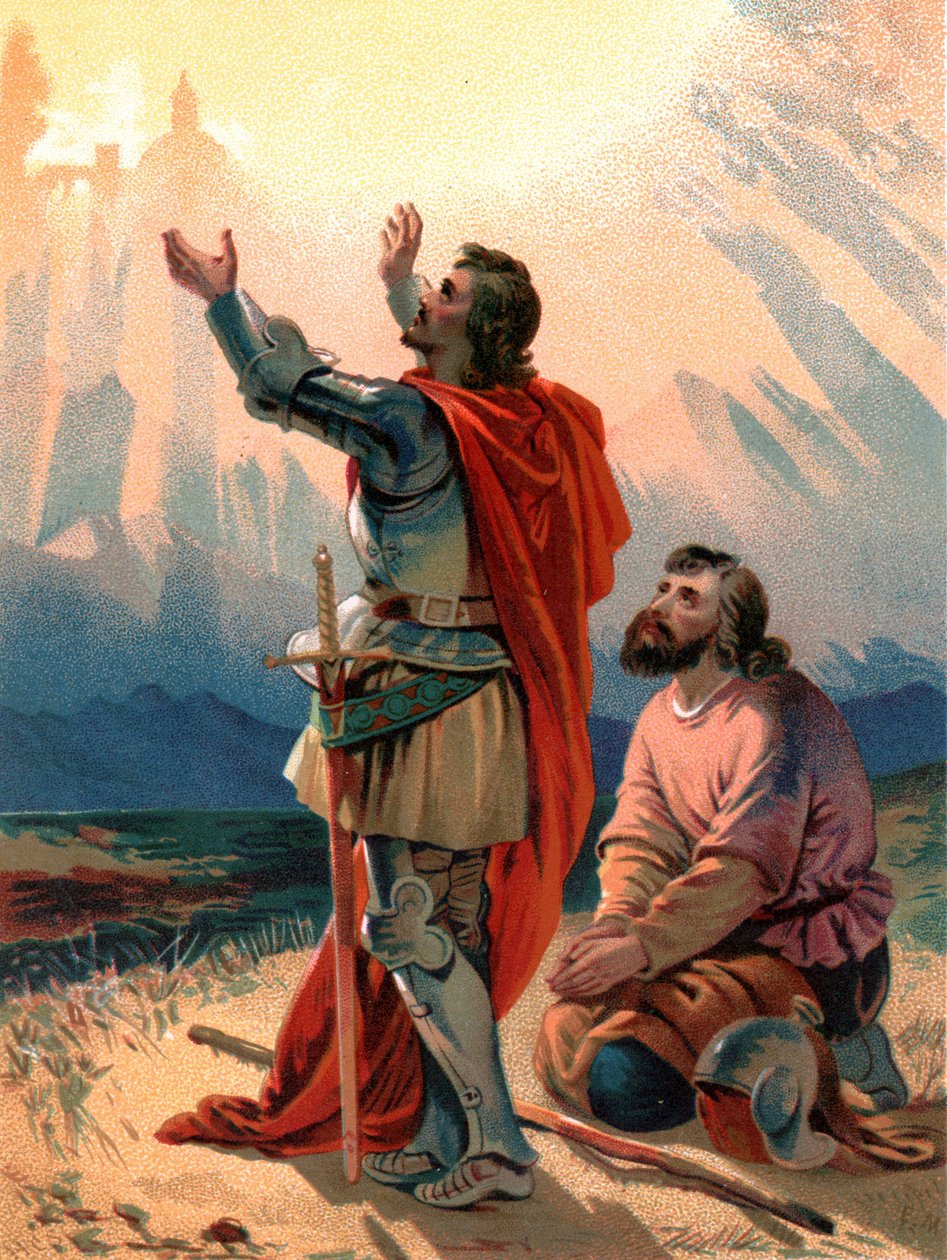"Christian, o peregrino do título, ajoelha-se maravilhado quando ele e o seu companheiro chegam à vista da Cidade Santa" de Henry Courtney Selous