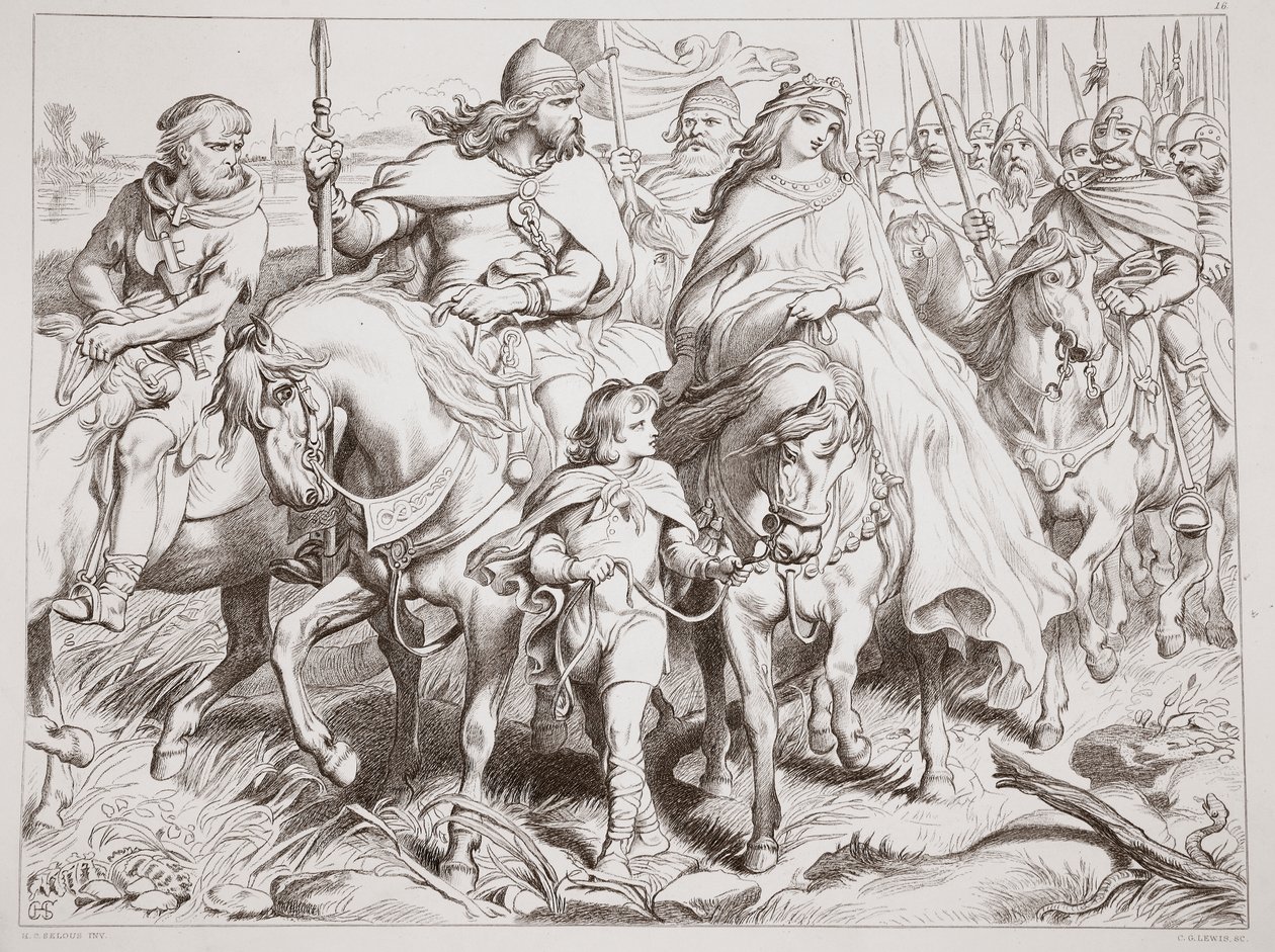 Hereward guarda Alftruda a um lugar da segurança, ilustração de Hereward o grande por Charles Kingsley, bar. 1870, gravado por CG Lewis (gravura em chapa de aço) de Henry Courtney Selous