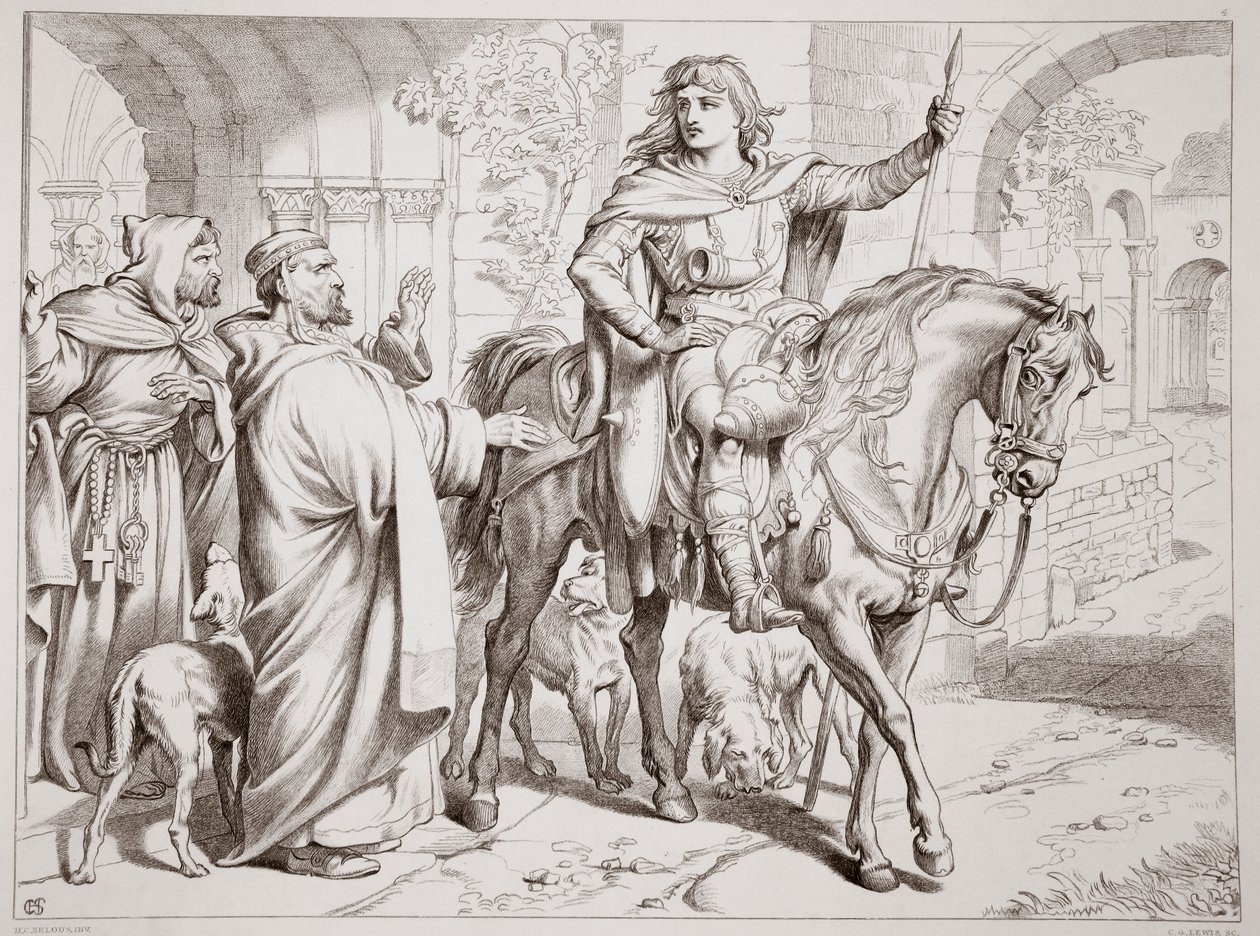 Hereward informa ao seu tio, o Prior, que ele está prestes a ser banido, ilustração de Hereward the Great, de Charles Kingsley, pub. 1870, gravado por CG Lewis (gravura em chapa de aço) de Henry Courtney Selous