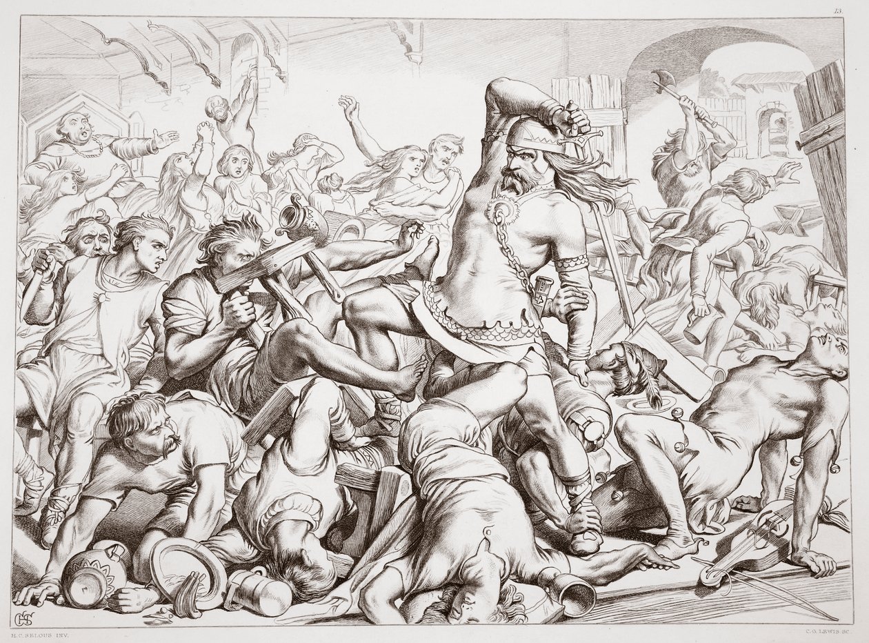Como Hereward limpou Bourne de franceses, ilustração de Hereward the Great, de Charles Kingsley, pub. 1870, gravado por CG Lewis (gravura em chapa de aço) de Henry Courtney Selous