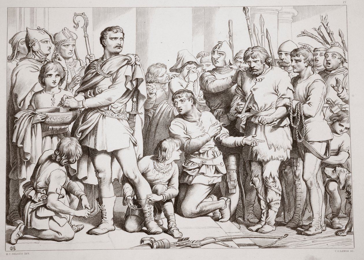 Como Hereward jogou o oleiro e enganou o rei, ilustração de Hereward the Great por Charles Kingsley, bar. 1870, gravado por CG Lewis (gravura em chapa de aço) de Henry Courtney Selous
