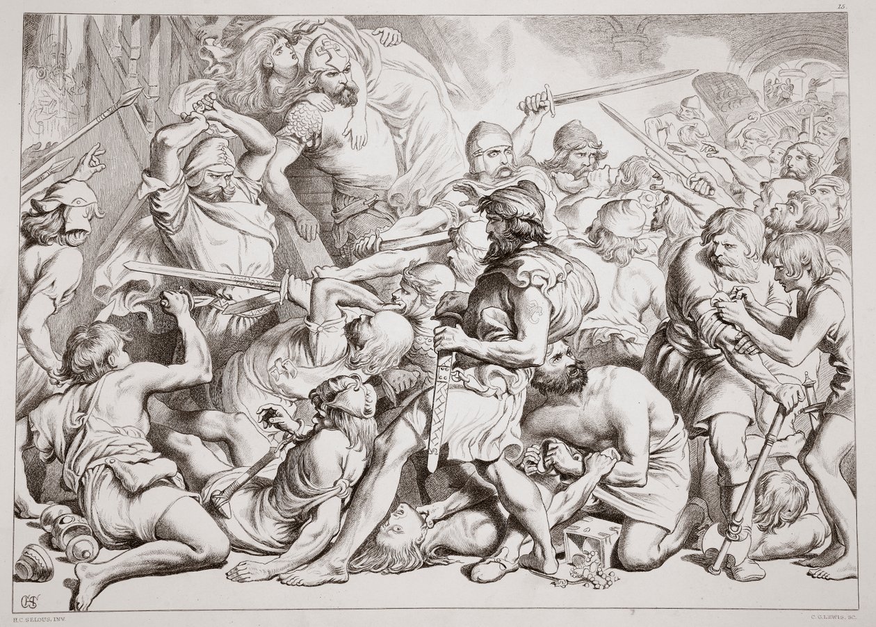 Como Hereward resgata Alftruda, ilustração de Hereward the Great, de Charles Kingsley, pub. 1870, gravado por CG Lewis (gravura em chapa de aço) de Henry Courtney Selous