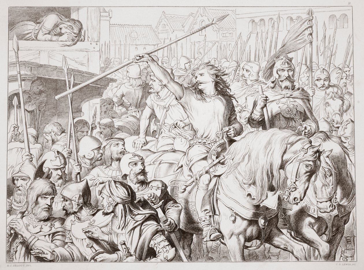 Como Hereward virou Berserker, ilustração de Hereward the Great, de Charles Kingsley, pub. 1870, gravado por CG Lewis (gravura em chapa de aço) de Henry Courtney Selous