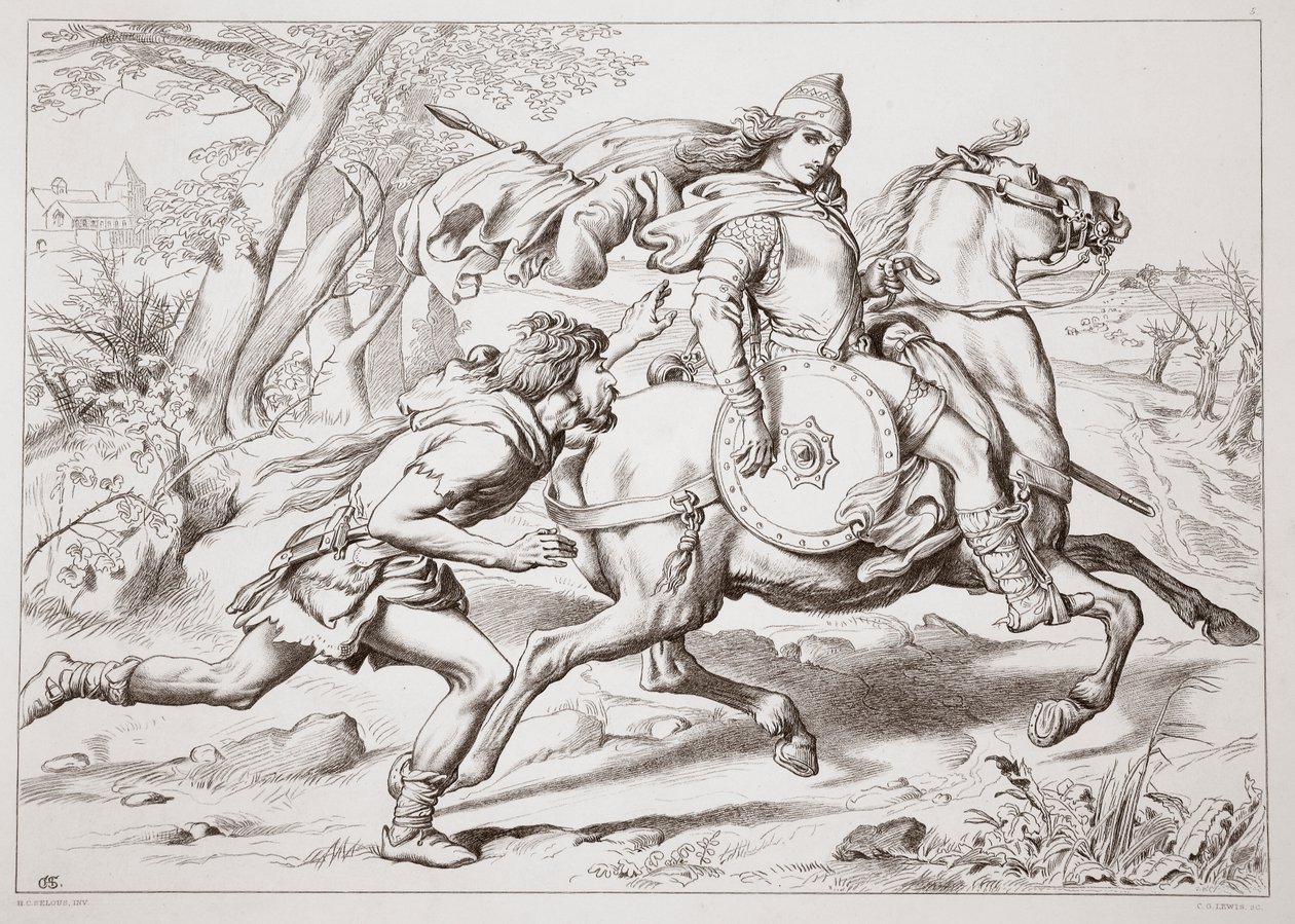 Como Martin Lightfoot assume Hereward, ilustração de Hereward the Great, de Charles Kingsley, pub. 1870, gravado por CG Lewis (gravura em chapa de aço) de Henry Courtney Selous