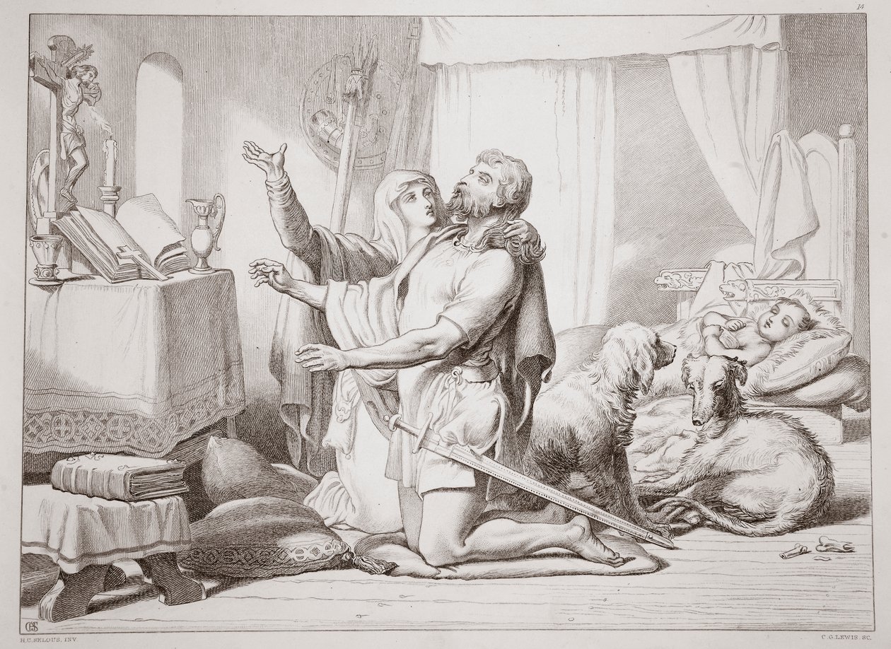 Como Torfrida ensina Hereward a rezar, ilustração de Hereward the Great, de Charles Kingsley, pub. 1870, gravado por CG Lewis (gravura em chapa de aço) de Henry Courtney Selous