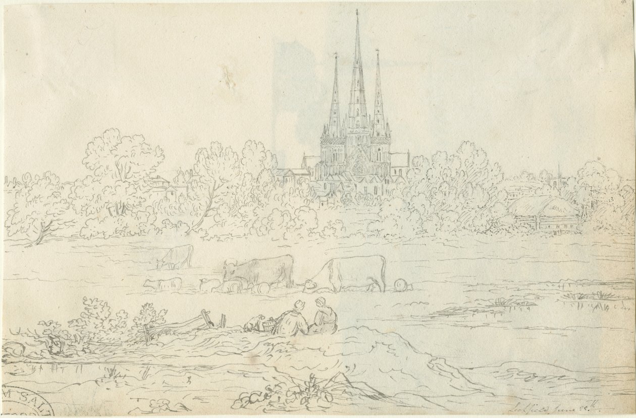 Catedral de Lichfield - Vista Leste: desenho a tinta e caneta, 20 Jun [c 1820] (desenho) de Henry Curzon Allport
