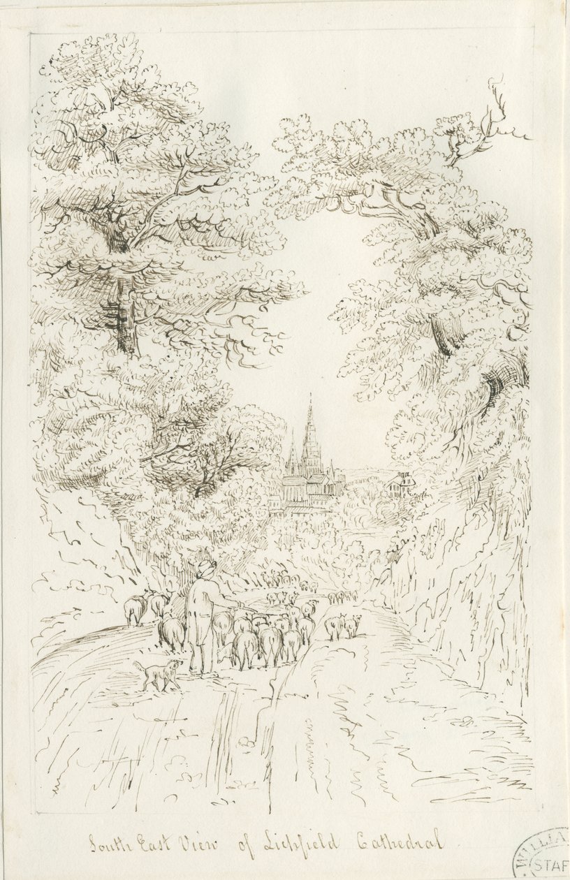 Catedral de Lichfield - Vista Sudeste (distante): desenho a caneta, sd [19º séc.] (Desenho) de Henry Curzon Allport