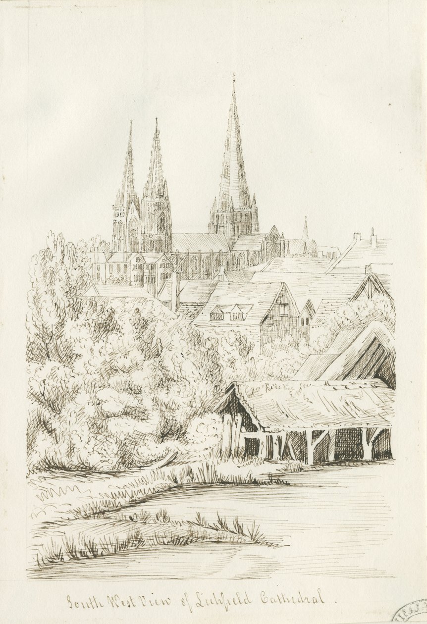 Catedral de Lichfield - Vista sudoeste: desenho a caneta, nd [ 1788-1855] (desenho) de Henry Curzon Allport