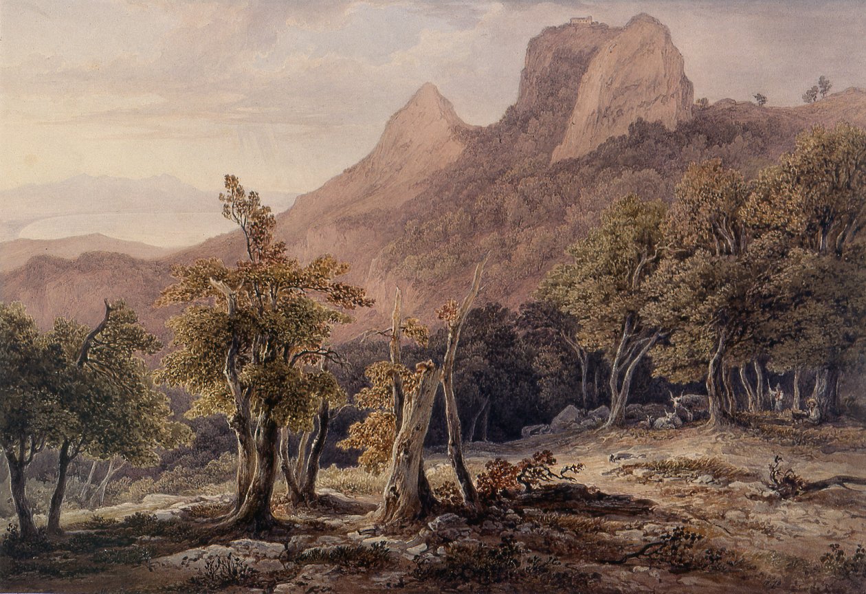Paisagem rochosa com figuras e um lago ao fundo de Henry Curzon Allport