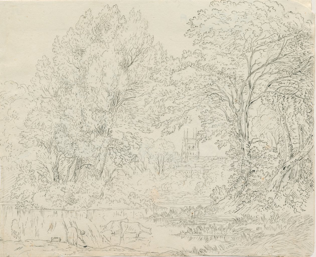 Tamworth - Vista Rural: desenho a caneta e tinta, nd [1788-1855] de Henry Curzon Allport