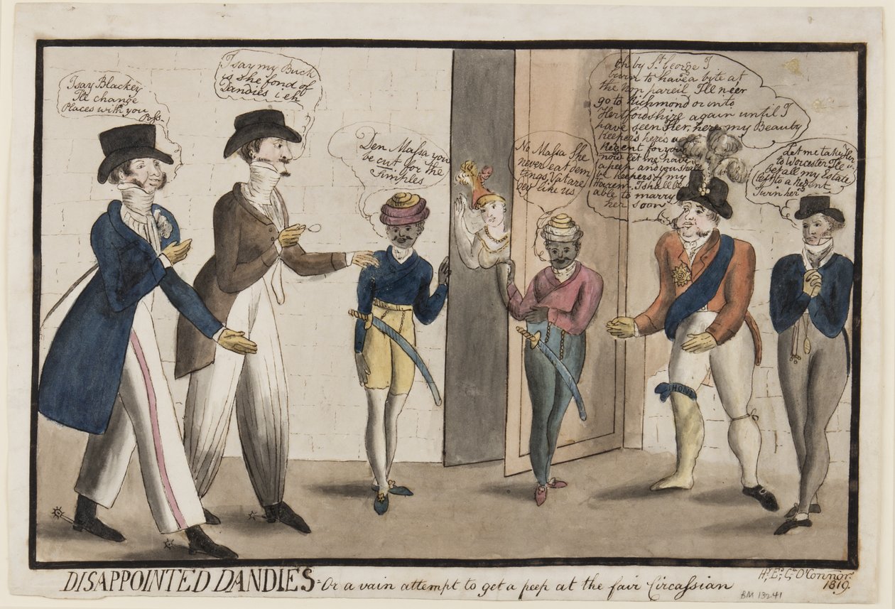 Dândis desapontados: Ou uma tentativa vã de dar uma espiada na feira Circassiana, 1819 (caneta, pincel, tinta e wc no papel) de Henry E. O. OConnor