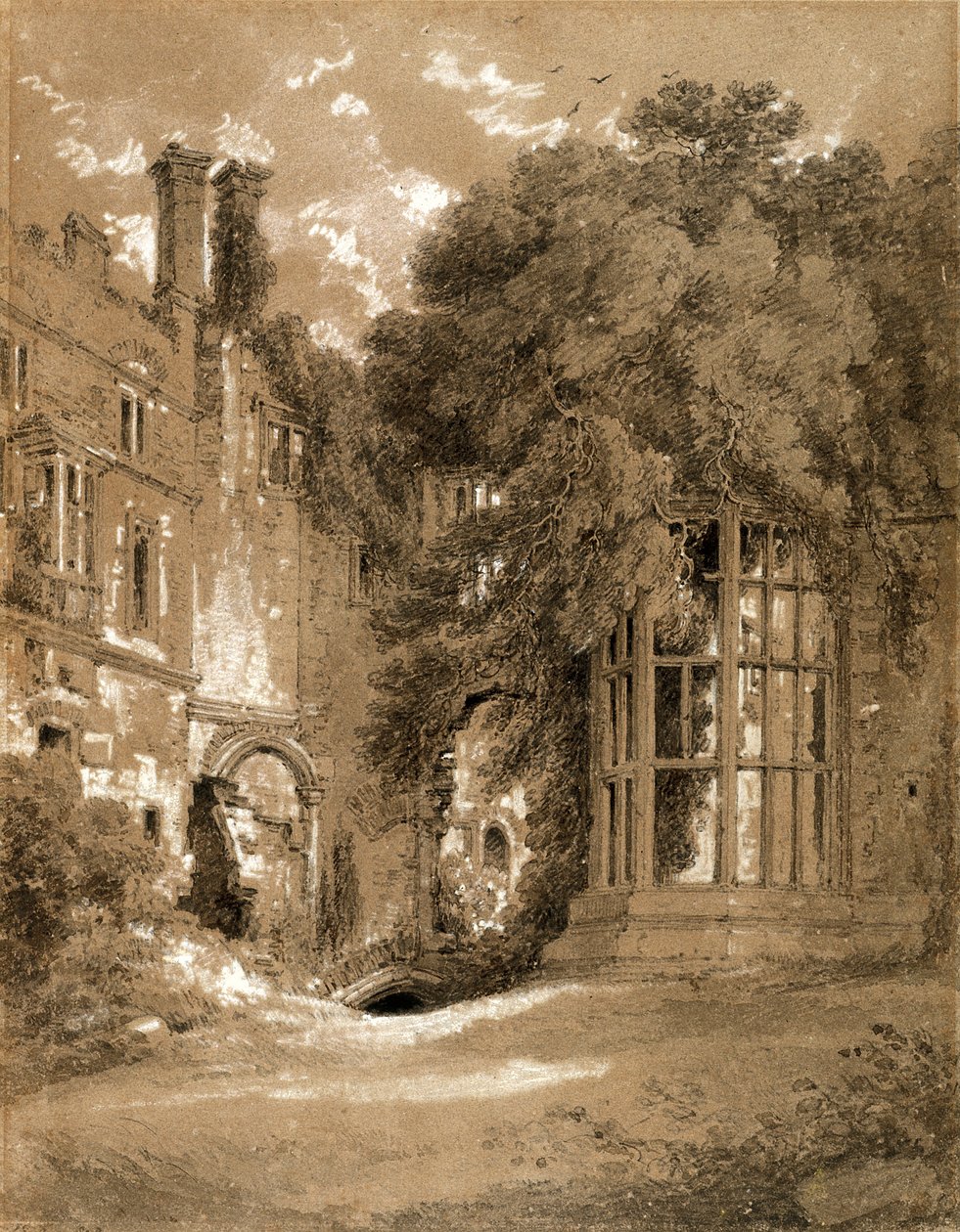 Castelo de Kenilworth (giz preto com lavagem cinzento acentuado com branco sobre papel castanho) de Henry Edridge