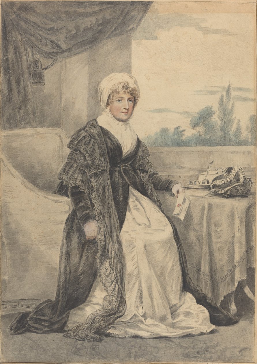 Mulher sentada em uma mesa, segurando uma carta de Henry Edridge