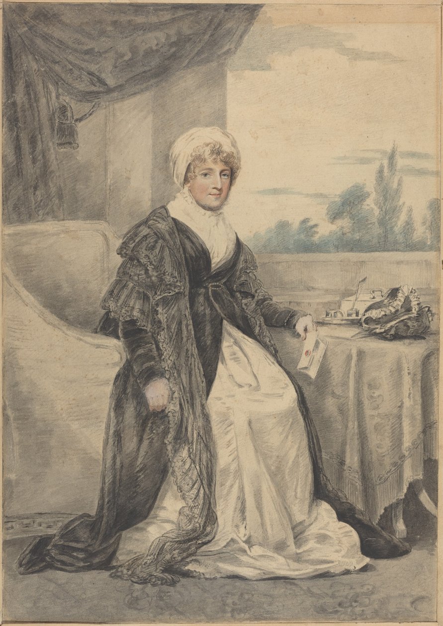 Mulher sentada à mesa, segurando uma carta de Henry Edridge
