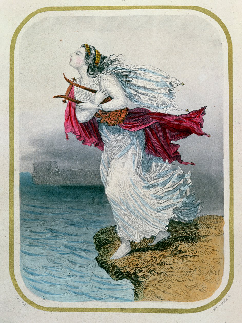 A Poetisa, Safo, Jogando-se no mar, gravada por Mme Gervais, 1849 de Henry Emy