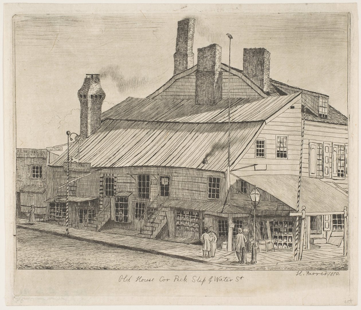 Casa velha, canto de Peck Slip e rua da água das cenas da velha Nova York, 1870. de Henry Farrer