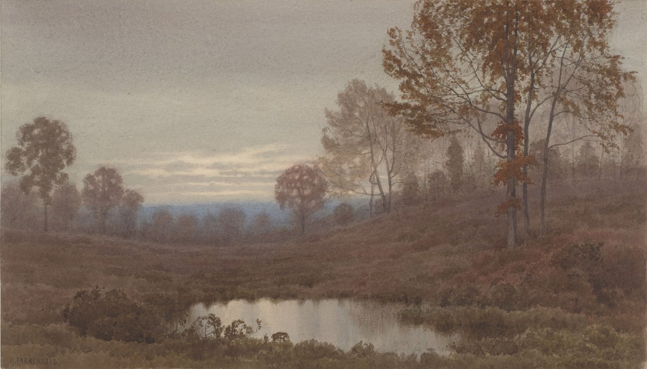 Paisagem ao pôr do sol com lagoa de Henry Farrer