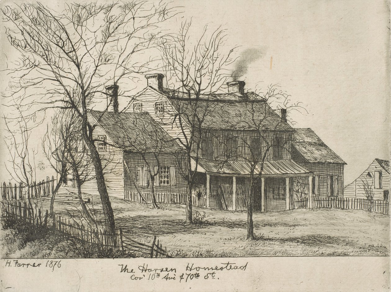 The Harsen Homestead, esquina da 10th Avenue e 70th Street das cenas de Old New York, 1876. de Henry Farrer