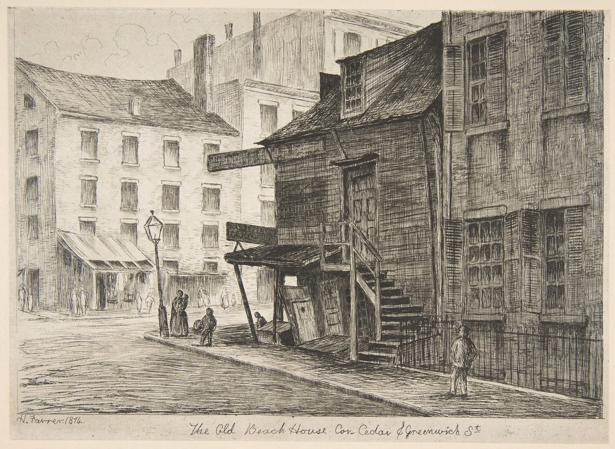 A casa de praia velha, canto das ruas Cedar e Greenwich das cenas da velha Nova York, 1874. de Henry Farrer