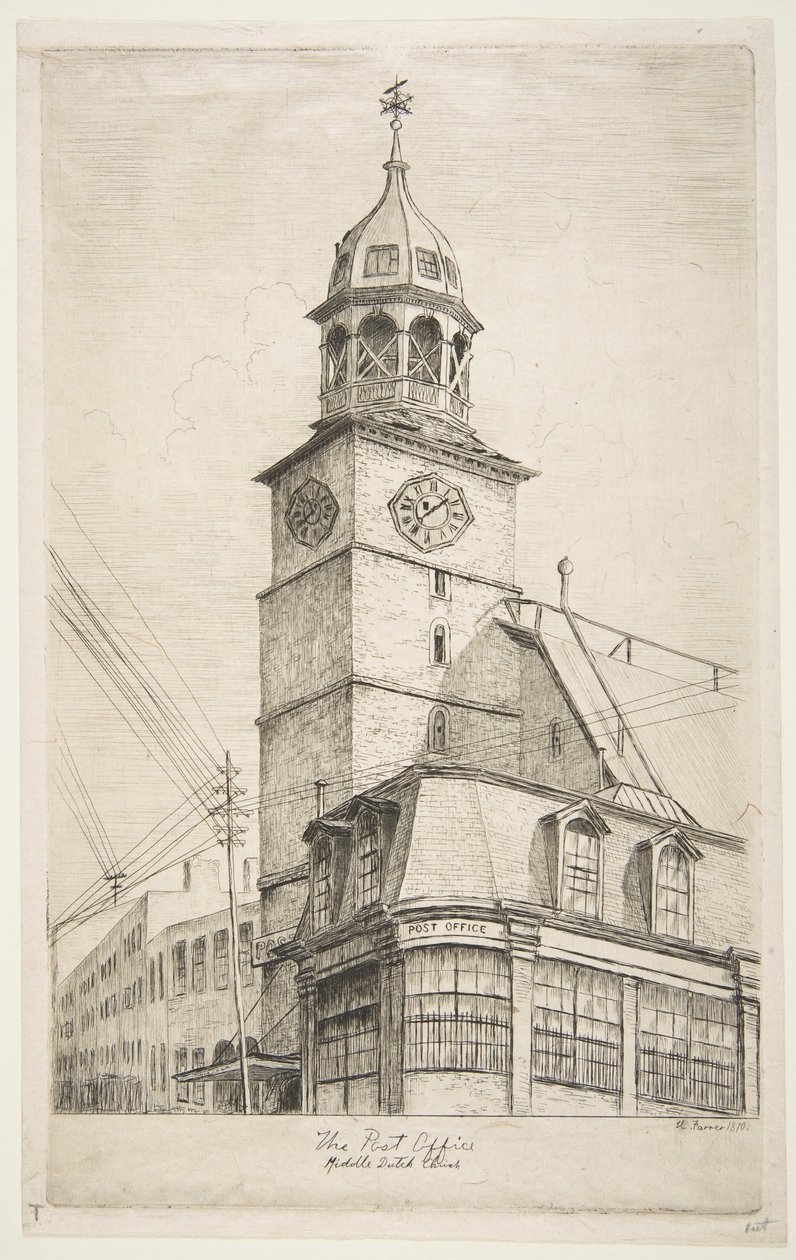 The Post Office, Igreja Holandesa do Meio das Cenas da Velha Nova York, 1870. de Henry Farrer