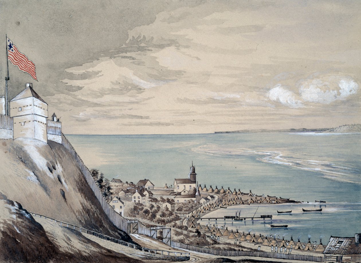 Forte e vilarejo de Mackinaw, com o acampamento indígena, setembro de 1842 (wc no papel) de Henry Francis Ainslie