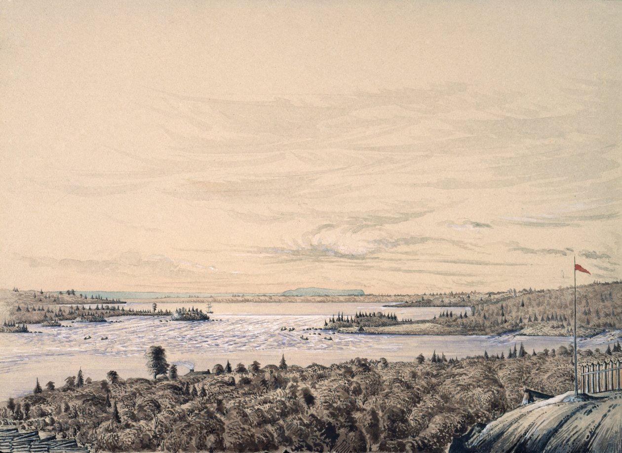 Sault de Ste. Marie entre os Lagos Huron e Superior, 1842 (wc no papel) de Henry Francis Ainslie