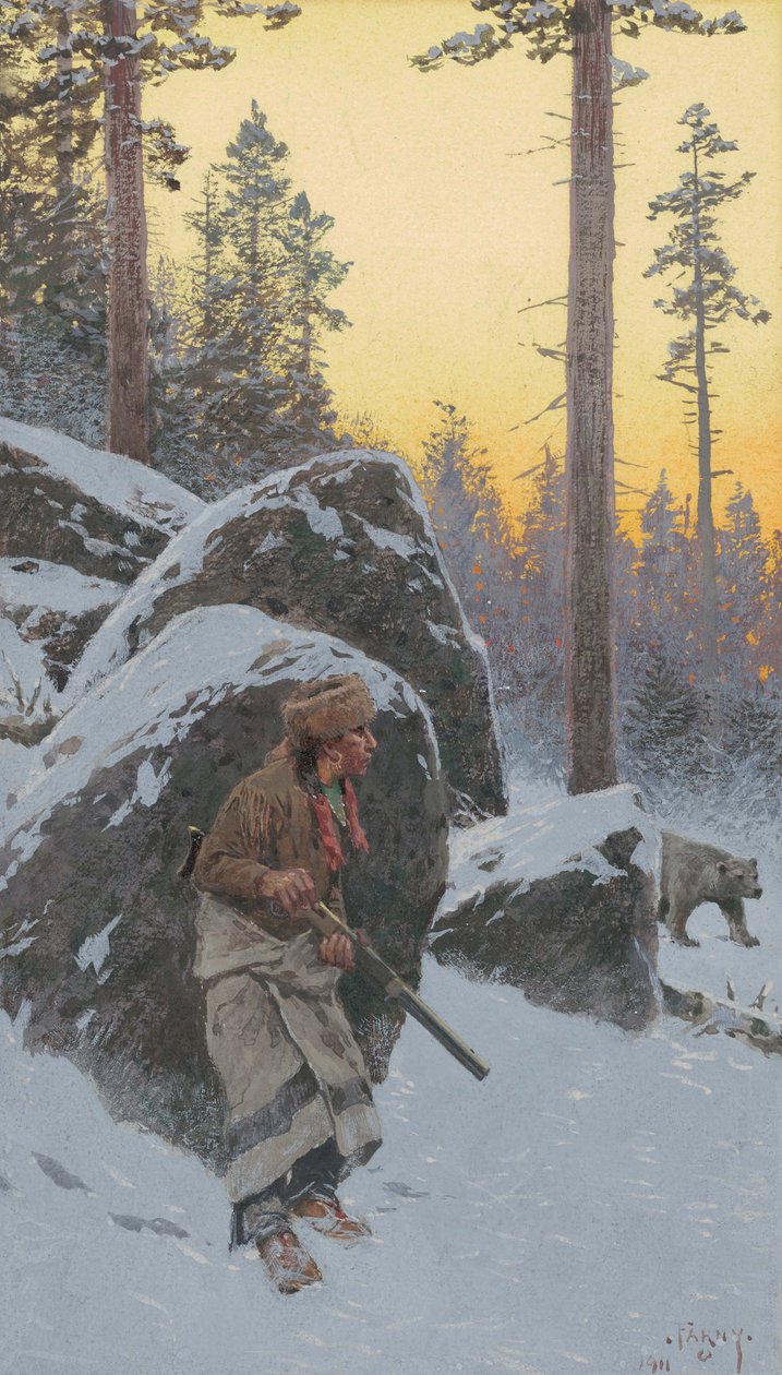 O caçador indiano do urso, 1911 (aguarela no papel montado a bordo) de Henry Francois Farny