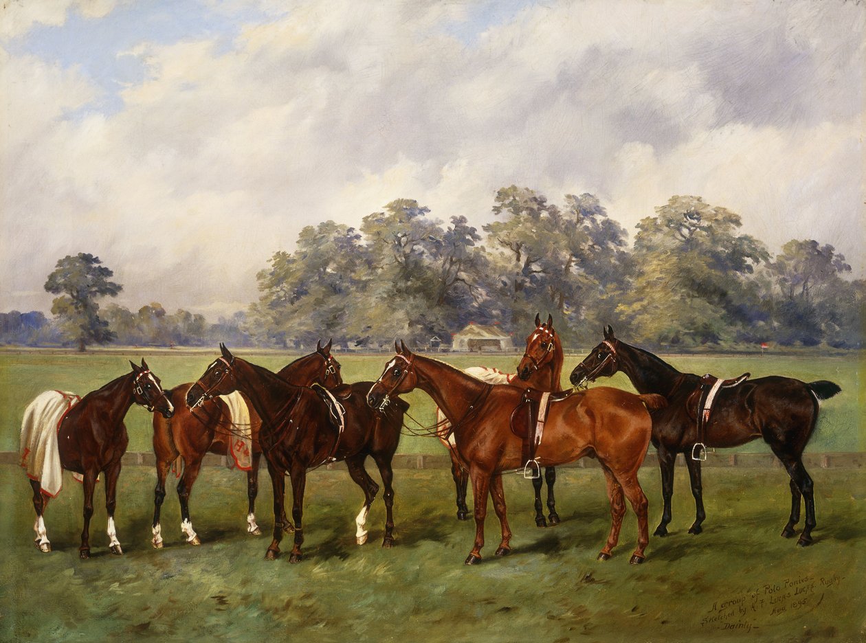Um Grupo de Pôneis de Pólo, Guloseimas, Ouro, Pele Vermelha, Miss Edge e Piper, Propriedade de Sir Humphrey de Trafford, Bart, 1895 de Henry Frederick Lucas Lucas