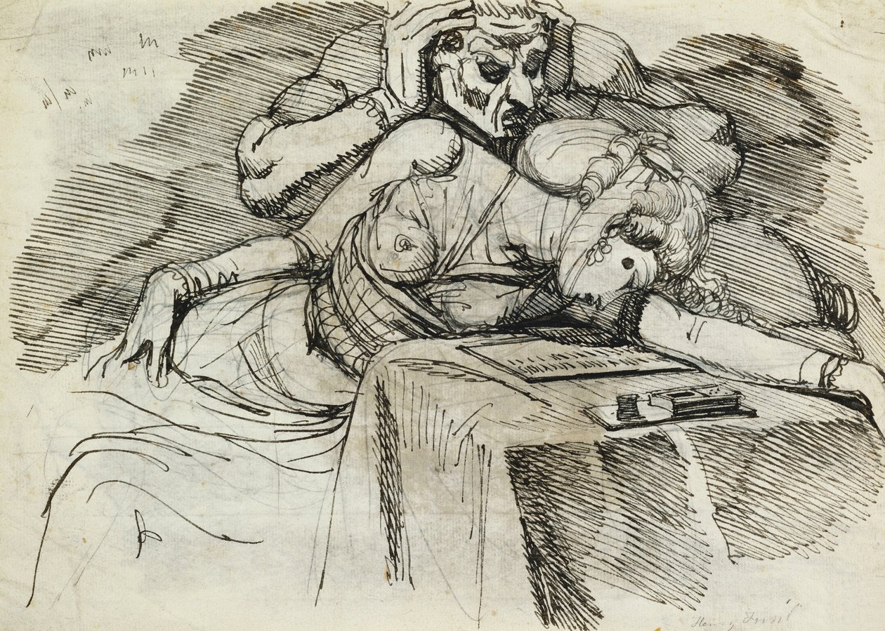 Uma mulher desmaiando em uma mesa de escrever, com uma figura ameaçadora atrás de Johann Heinrich Füssli