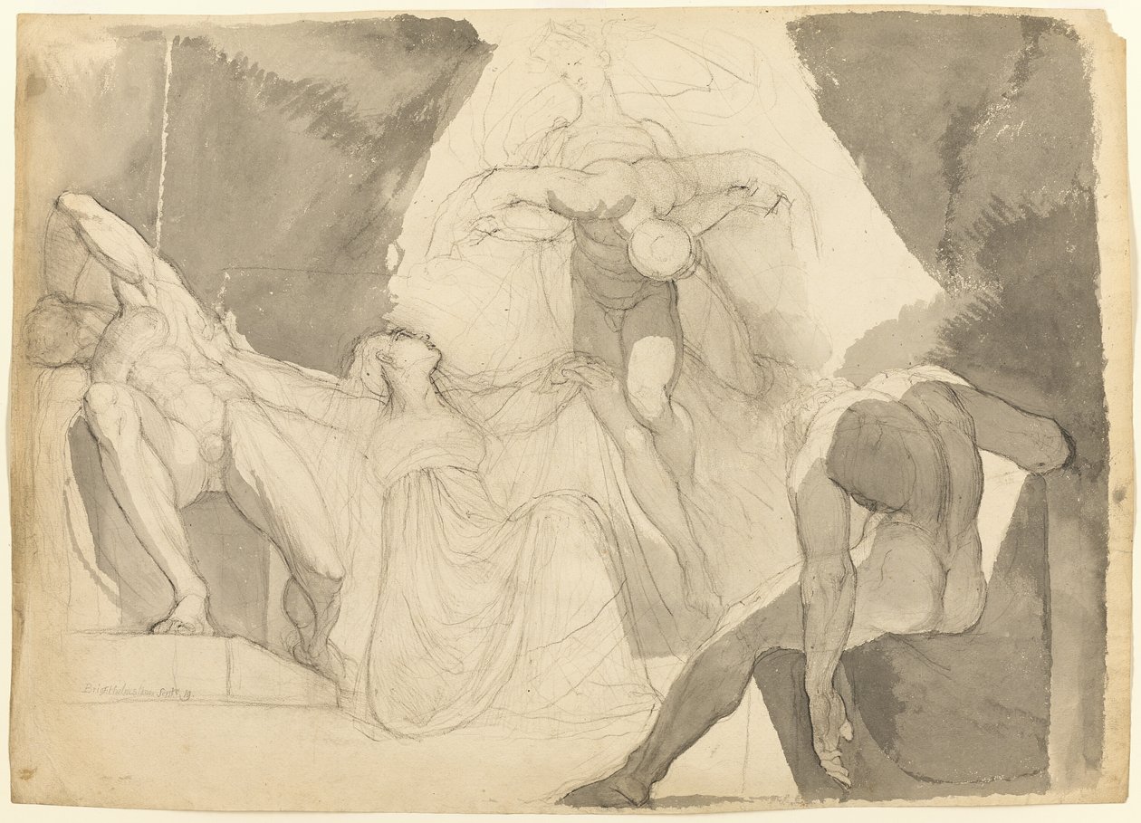 Ajudado por Eerriboia, Hermes carrega o Ares exausto dos filhos adormecidos de Aloeus (reto); Esboço de Um dos Filhos Adormecidos de Aloeus (verso) de Johann Heinrich Füssli