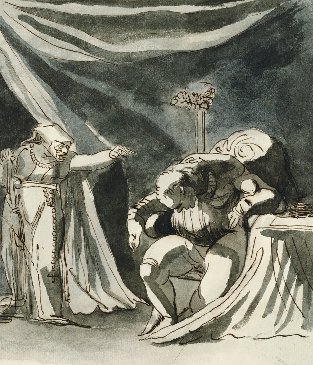 Uma velha vestindo um rosário xingando um homem sentado; Possivelmente a rainha Margaret amaldiçoando o duque de Gloucester, de Johann Heinrich Füssli