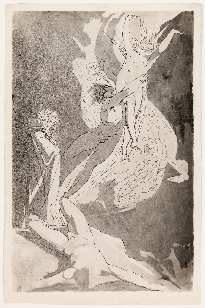 Dante desmaia diante das almas crescentes de Paolo e Francesca, Virgílio ao seu lado de Johann Heinrich Füssli