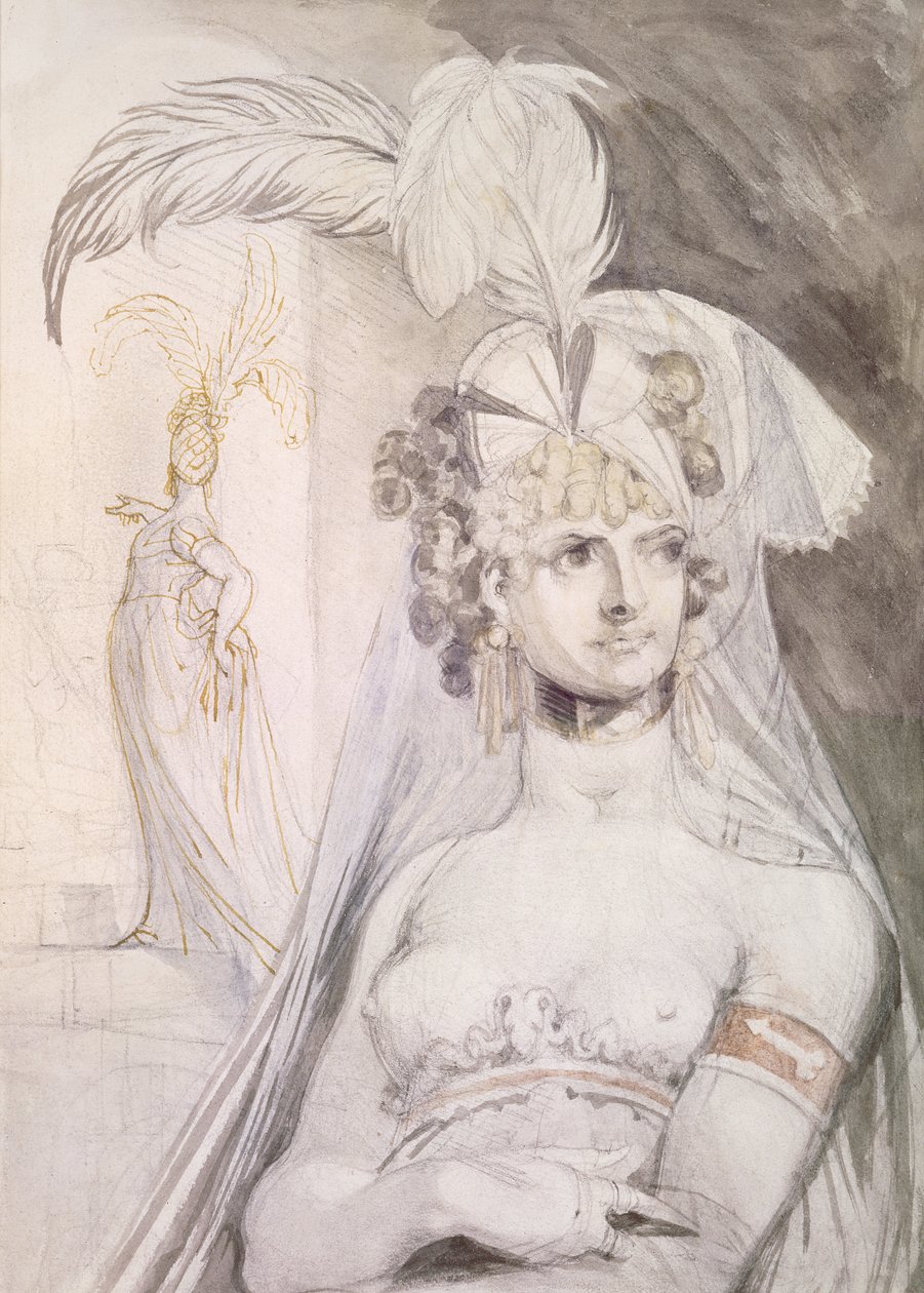 Metade da figura de uma cortesã com penas, um arco e um véu no cabelo, 1800-10 (lápis, wc e tinta no papel) de Johann Heinrich Füssli