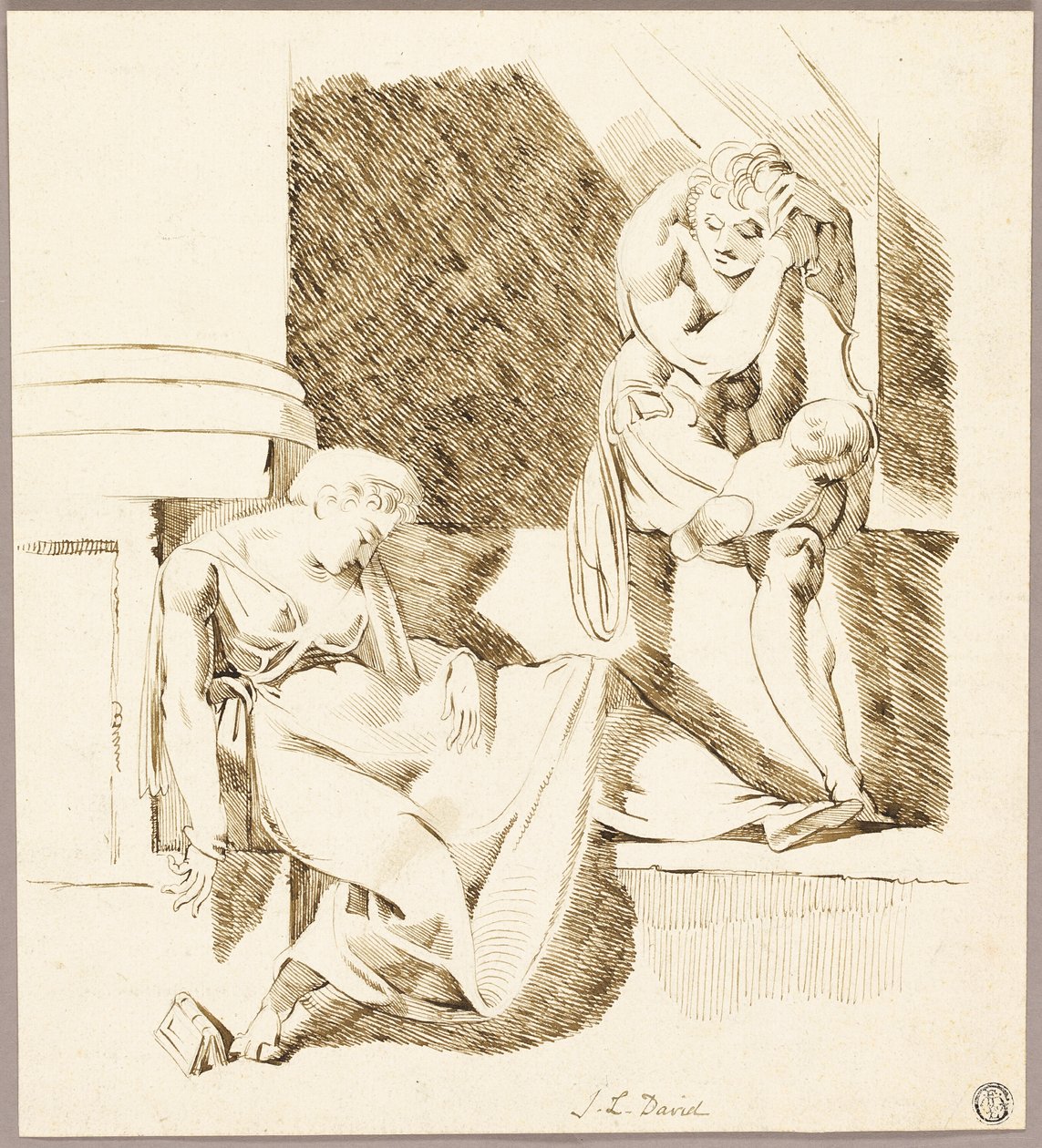 Trovador sentado olhando para mulher adormecida na borda de Johann Heinrich Füssli
