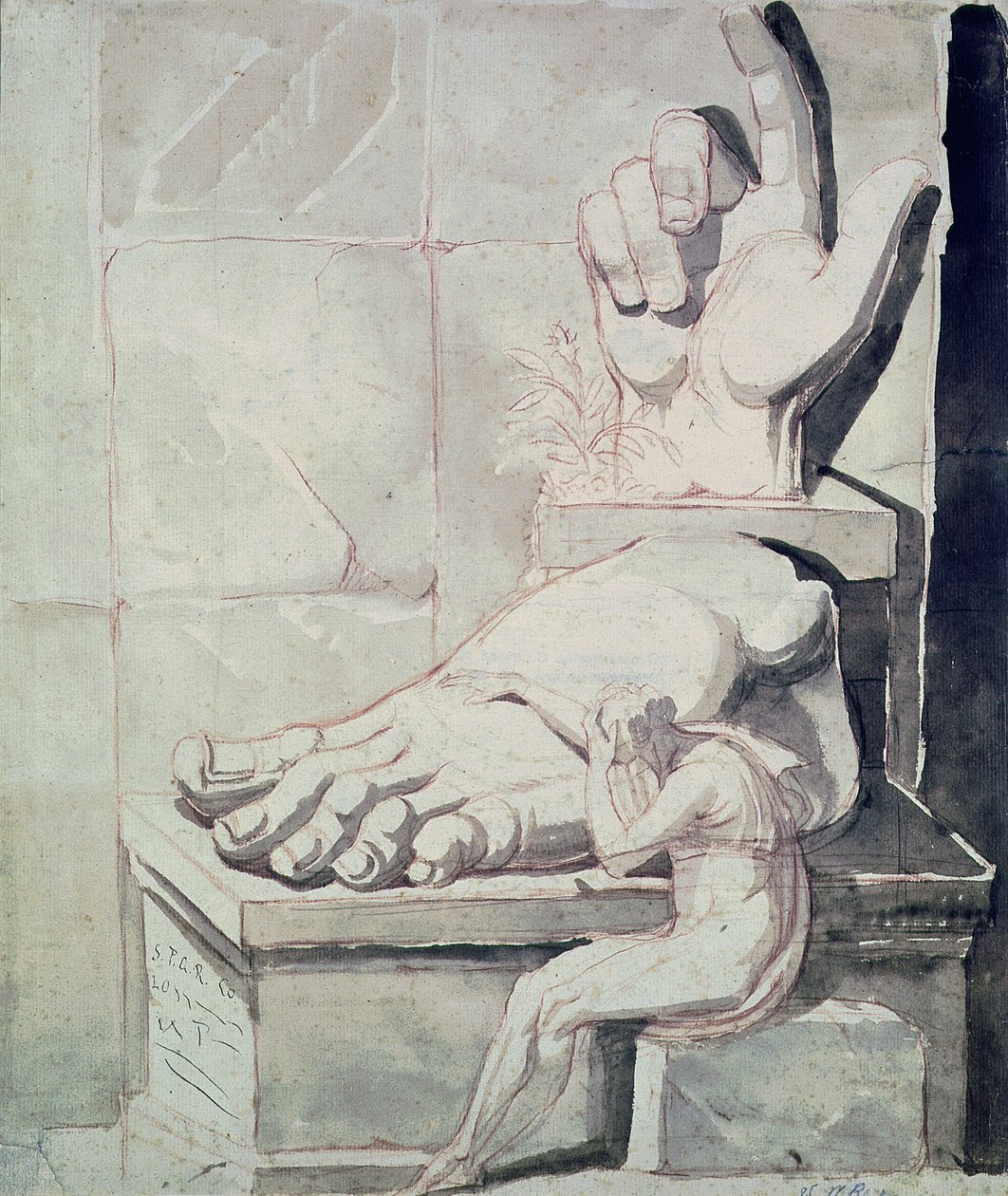 O Artista em Desespero sobre a Magnitude dos Fragmentos Antigos (mão direita e pé esquerdo do Colosso de Constantino) 177880 (giz vermelho e sépia no papel) de Johann Heinrich Füssli