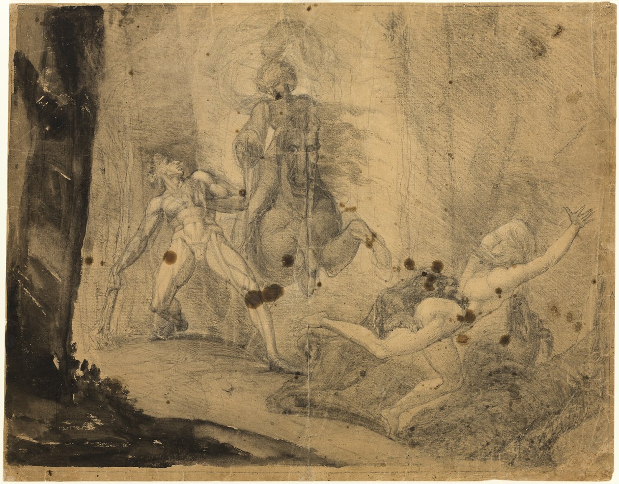 Theodore encontra na floresta o espectro de seu antepassado Guido Cavalcanti, perseguindo com mastins sua antiga amante desdenhosa de Johann Heinrich Füssli