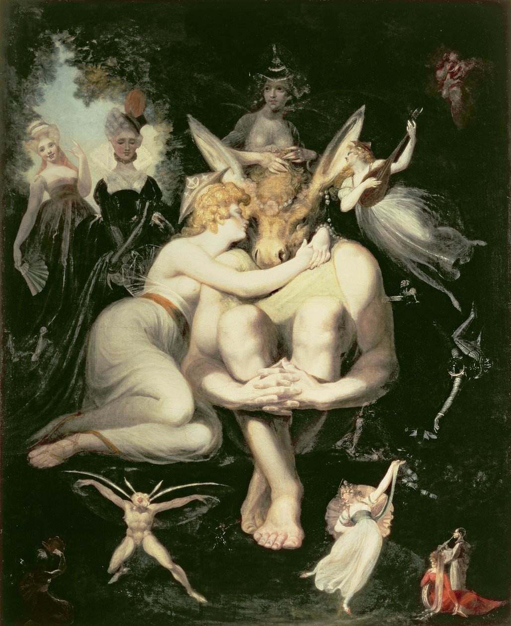 Titania acorda, cercada por fadas atendentes, agarrando-se arrebatadamente a Bottom, ainda usando a cabeça do asno, 1793-4 de Johann Heinrich Füssli